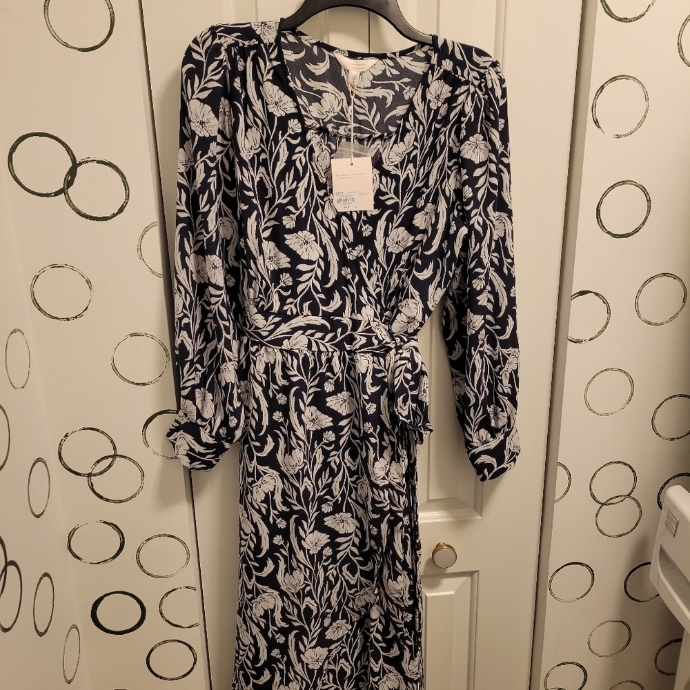 LC Lauren Conrad Navy White Floral Wrap Dress